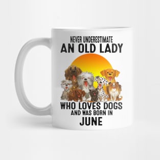 Never Underestimate An Old June Lady Who Loves Dogs Mug